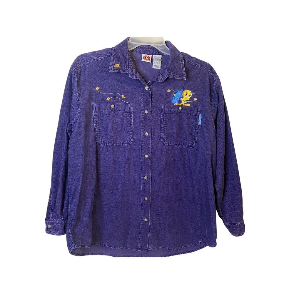 Looney Tunes Tweety Bird Corduroy Button Up Shirt Women's Large Purple Vintage